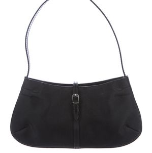 Leather trimmed nylon shoulder baguette bag